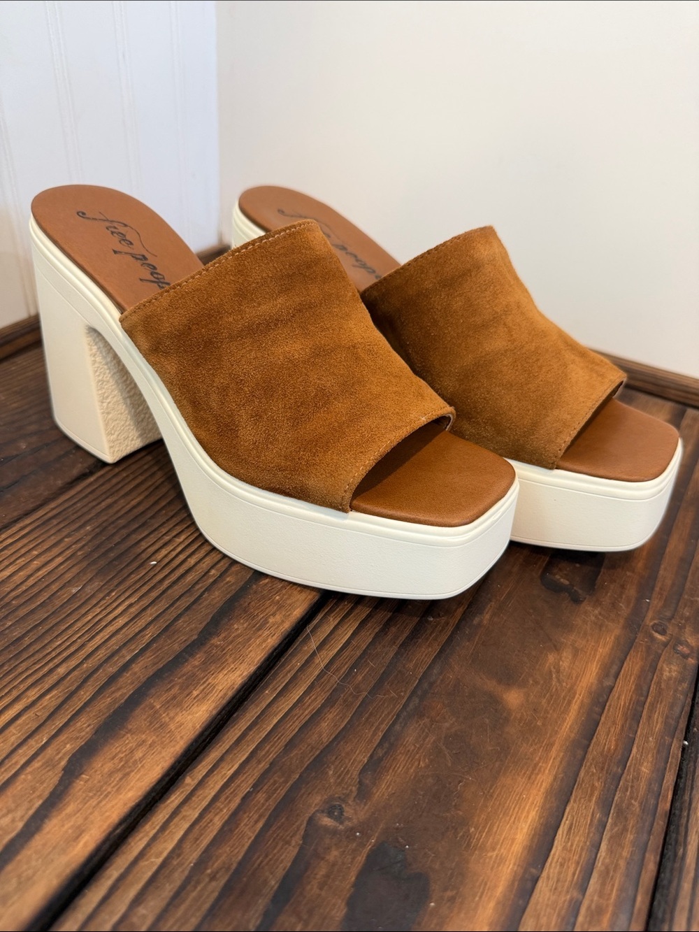 NWT Fee People Zoe Platform Suede Slide Cognac Brown